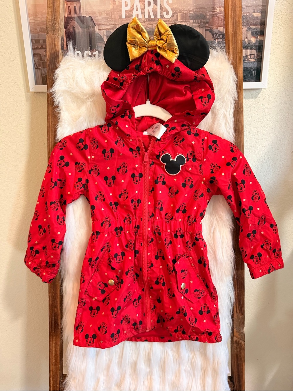 Disney Junior Minnie Mouse Girls Red Hooded Jacket Gold Bow Ears All Over Print